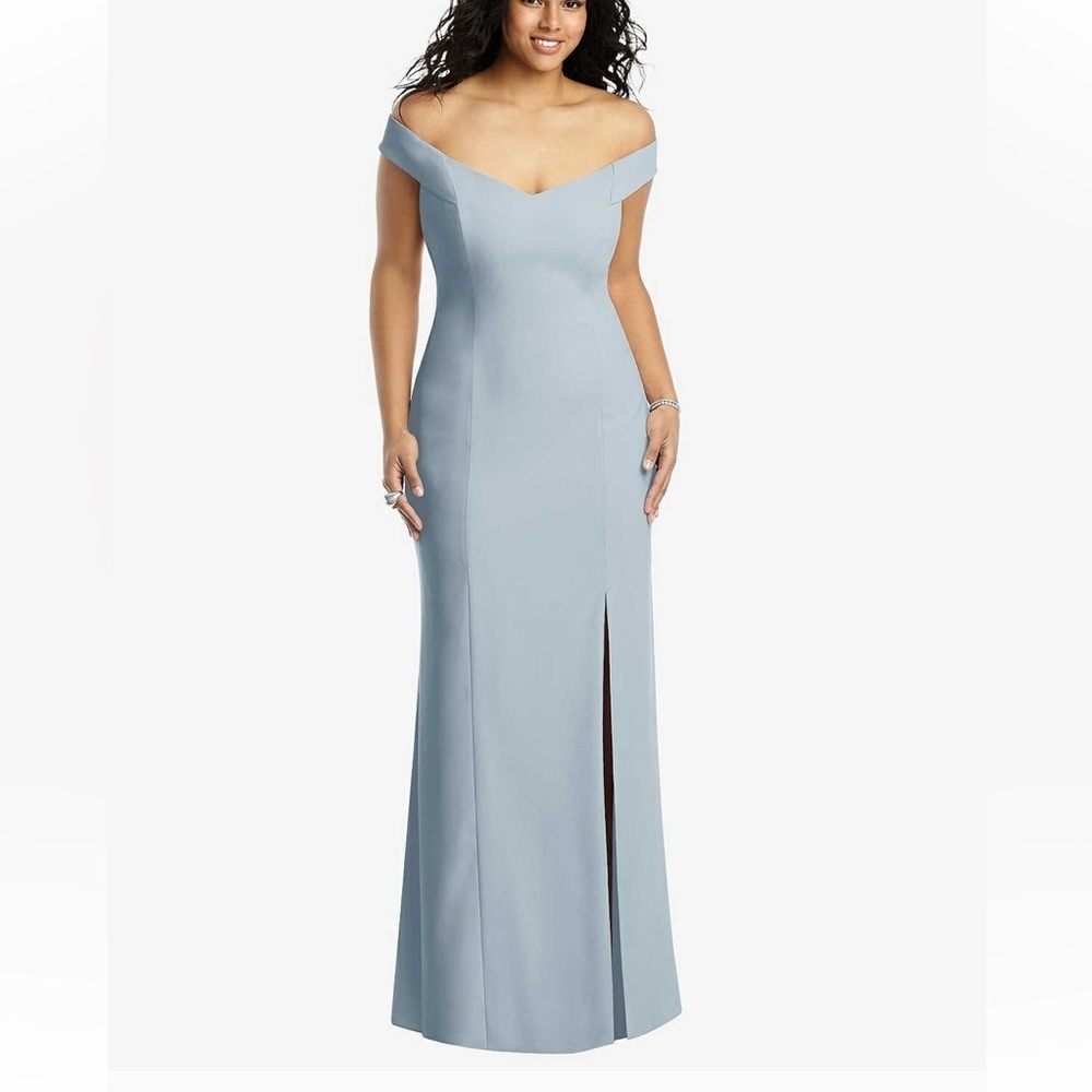 DESSY Off the Shoulder Criss Cross Back Trumpet Dress